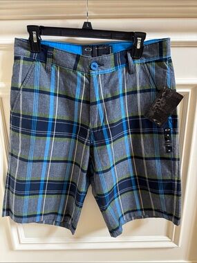 NWT Oakley Gray Plaid Performance Shorts with Blue & Green Accents
